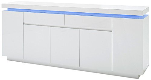 Robas Lund 48985WW8 Sideboard Ocean, 2 Schubkästen, 5 Türen, LED Beleuchtung mit Farbwechsel, circa 200 x 40 x 81 cm, hochglanz weiß