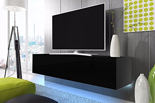 TV Schrank Lowboard Hängeboard SIMPLE mit LED Blau (Schwarz Matt / Schwarz Hochglanz 160 cm)