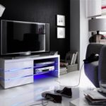 Robas Lund 59057W11 TV-Lowboard Sonia, Hochglanz weiß, Klarglas, 3 Schubkästen, LED Effektbeleuchtung blau, B/T/H circa 110 x 42 x 44 cm