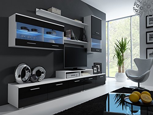 Wohnwand LOGO-II mit LED Beleuchtung Anbauwand Wohnzimmer Möbel (weiß / schwarz hochglanz)