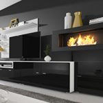 Home innovation- Moderne Wohnwand, TV-Lowboard, Esszimmer mit Kamin Bioethanol, Schrankwand, Wohnzimmer, Kamineinsatz, Verarbeitung weiß Mate und schwarz lackiert, Maße: 290 x 170 x 45 cm Tiefe.
