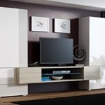 BMF "Torro" Wohnwand TV-Unterschrank TV-Ständer mit LEDs, Glas-Regal Hochglanz-Optik LIGHT OAK / WHITE