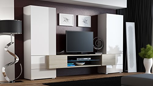 BMF "Torro" Wohnwand TV-Unterschrank TV-Ständer mit LEDs, Glas-Regal Hochglanz-Optik LIGHT OAK / WHITE