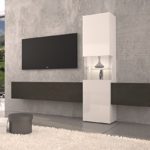 Wohnwand | Mediawand | Wohnzimmer-Schrank | Fernseh-Schrank | TV Lowboard | weiß Hochglanz | modern | hängend | Glas-Vitrine | grau | Tecnos | Incontro