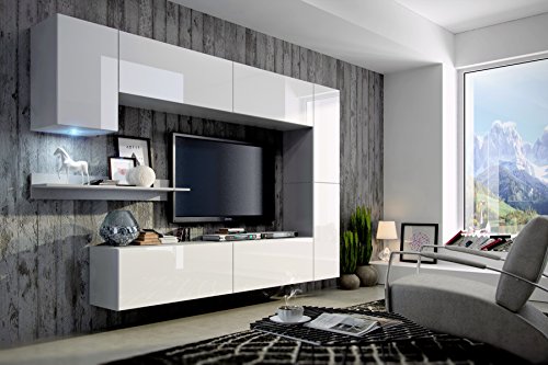 FUTURE 6 Moderne Wohnwand, Exklusive Mediamöbel, TV-Schrank, Neue Garnitur, Große Farbauswahl (RGB LED-Beleuchtung Verfügbar) (Weiß MAT base / Weiß HG front, Blau LED)