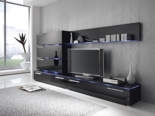 Wohnwand Anbauwand schwarz, Fronten schwarz hochglanz, optional LED-Beleuchtung, Beleuchtung:Beleuchtung Blau