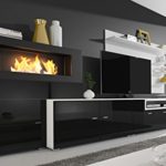 Home innovation- Moderne Wohnwand, TV-Lowboard, Esszimmer mit Kamin Bioethanol, Schrankwand, Wohnzimmer, Kamineinsatz, Verarbeitung weiß Mate und schwarz lackiert, Maße: 290 x 170 x 45 cm Tiefe.