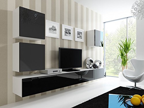 Wohnwand ' Vigo 22' Hochglanz Hängeschrank Lowboard Cube , Farbe:weiß matt / schwarz Hochglanz