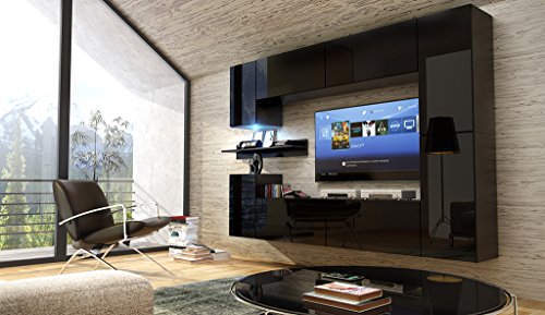 FUTURE 13 Moderne Wohnwand, Exklusive Mediamöbel, TV-Schrank, Neue Garnitur, Große Farbauswahl (RGB LED-Beleuchtung Verfügbar) (Schwarz MAT base / Schwarz HG front, Weiß LED)