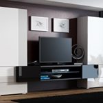 BMF "Torro" Wohnwand TV-Unterschrank TV-Ständer mit LEDs, Glas-Regal Hochglanz-Optik weiß / schwarz