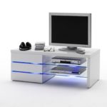Robas Lund 59057W11 TV-Lowboard Sonia, Hochglanz weiß, Klarglas, 3 Schubkästen, LED Effektbeleuchtung blau, B/T/H circa 110 x 42 x 44 cm