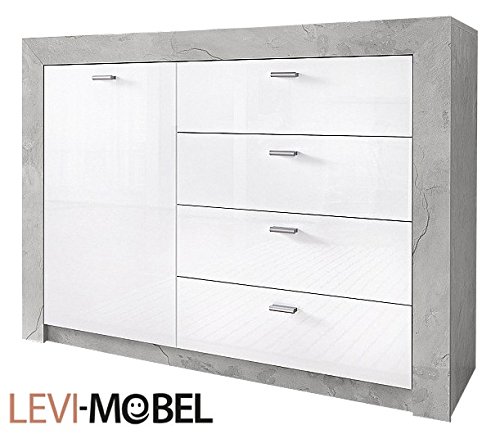 SIDEBOARD WOHNZIMMER WOHNWAND ANBAUWAND BETON-OPTIK WEIß HOCHGLANZ NEU 212962