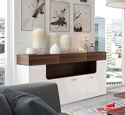 Sideboard Anrichte Kommode 161035 3trg weiß matt / weiß Hochglanz - nussbaum
