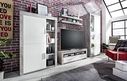 Wohnwand "Dani", Betonoptik, weiß, Melaminbeschichtet, 290 x 188 x 37 cm, Wohnzimmerwand, TV-Wand, Fernsehwand