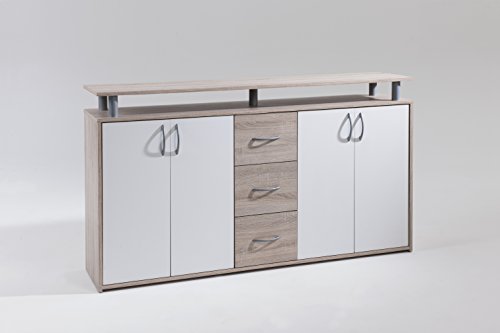 Cavadore Design Sideboard Porto / Moderne Kommode in Eiche sägerau foliert / Mit 4 Türen und 3 Schubladen Weiß / 150 x 85 x 35cm (B x H x T)