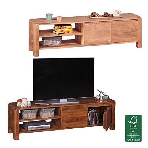 FineBuy Lowboard Massivholz Kommode 145 cm TV-Board Ablage-Fach Landhaus-Stil Unterschrank 41 cm hoch TV-Möbel