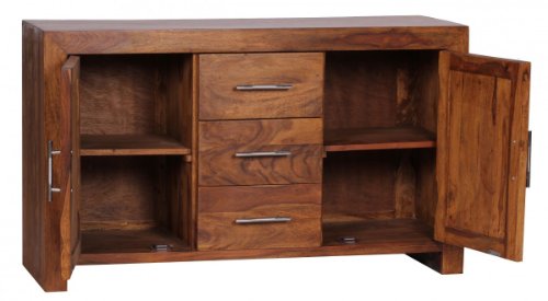 FineBuy Sideboard Massivholz Sheesham Kommode 118 cm 3 Schubladen 2 Türen Design Highboard Landhaus-Stil braun natur Echt-Holz Schubladenkommode Natur-Produkt Flur-Möbel Aufbewahrung Dielen-Möbel