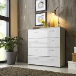 Schubladen Kommode Sideboard Anrichte MARBELLA in Hochglanz Weiß - Made in Germany - Höhe 91cm, Breite 88cm, Tiefe 32cm