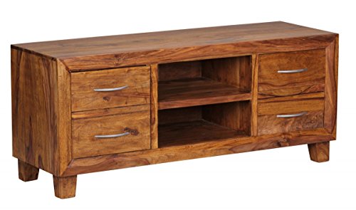 WOHNLING Lowboard Massivholz Sheesham Kommode 135 cm TV-Board Ablage-Fach Landhaus-Stil 4 Schubladen 2 Föcher Unikat Echt-Holz Hifi-Rack 57 cm hoch Sideboard Deko Fernsehschrank offen Natur-Produkt