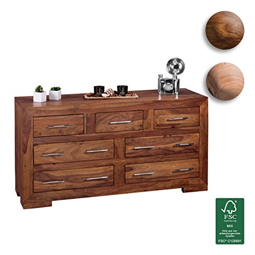 WOHNLING Sideboard Massivholz mit 7 Schubladen | Kommode 140 x 75 x 44 cm im Landhausstil | Design Anrichte aus Naturholz | Moderner Dielenschrank aus echtem Holz mit edlen Metallgriffen