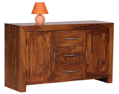 WOHNLING, WL1.201, Sideboard Massivholz Sheesham Kommode 118 cm 3 Schubladen 2 Türen Design Highboard Landhaus-Stil braun