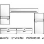 Wohnwand in weiß Hochglanz u. weiß gläzend mit 1 Hängevitrine, 1 TV-Unterschrank, 1 Wandboard u. 1 Vitrine, Gesamtmaße: B/H/T ca. 275/202/50 cm