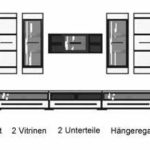 Wohnwand in weiß Hochglanz mit 2 Hängevitrinen, 2 Hängeelemente, 2 Unterteile, 1 TV-Unterteil u. 1 Hängeregal, Maße: B/H/T ca. 300/200/50 cm