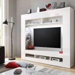 Wohnwand, TV-Wand, Hochglanz weiß, Korpus in weiß mit großem TV-Ausschnitt und offenen Geräterfächern, Maße: B/H/T ca. 180/160/34 cm