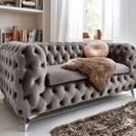 Chesterfield Sofagarnitur 3-2-1 Emma Samtstoff Knöpfung Modern Designer Couch (Silber-Grau)