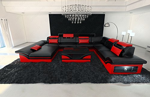 Sofa Wohnlandschaft Enzo XXL Designer Couch + LED schwarz - rot