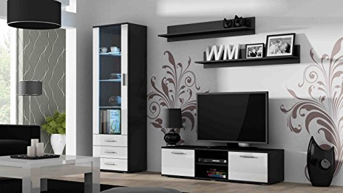 Wohnwand 'Soho 7' Hochglanz Wohnzimmerschrank Tv Wand , Farbe:Schwarz . Weiß