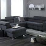 XXL Wohnlandschaft, Couch "CARY", U-Form, Strukturstoff grau - Mit Schlaffunktion - Ottomane links