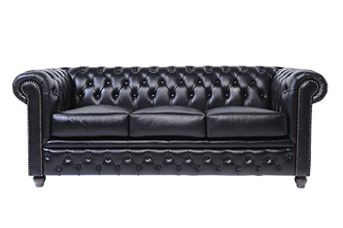 Original Chesterfield Sofa - 3 Sitzer - Vollständig Handgewaschenes Leder – Schwarz