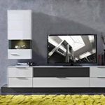 8-tlg. Wohnwand in Hochglanz weiß/grau mit Akustik-Fächern und LED-Beleuchtung, Gesamtmaß B/T ca. 300/51 cm