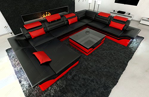 Sofa Wohnlandschaft Enzo XXL Designer Couch + LED schwarz - rot