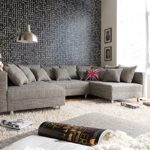 Couch Clovis Hellgrau Strukturstoff mit Hocker Wohnlandschaft Modulsofa