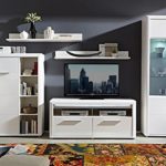 5-tlg. Wohnwand in Hochglanz weiß/Abs. aluminiumfarben, mit LED-Beleuchtung, Stauraumelement, 2 Wandboards, TV-Bank, Vitrine, Gesamt: B/H 338/201 cm