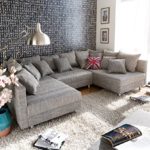 Couch Clovis Hellgrau Strukturstoff mit Hocker Wohnlandschaft Modulsofa