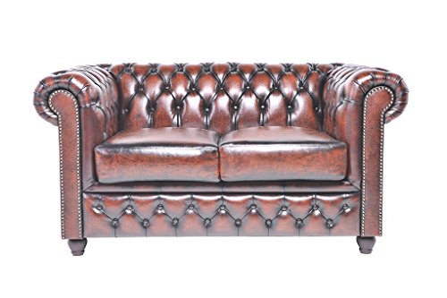 Original Chesterfield Sofa - 2 Sitzer - Vollständig Handgewaschenes Leder - Antik Braun