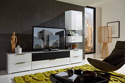 4-tlg. Wohnwand in Hochglanz weiß/grau mit Akustik-Fächern und LED-Beleuchtung, Gesamtmaß B/T ca. 300/51 cm