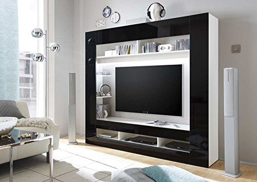Media-Center in Hochglanz schwarz, Korpus in weiß mit großem TV-Ausschnitt und offenen Geräterfächern, Maße: B/H/T ca. 180/160/34 cm