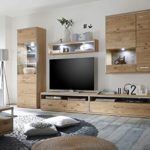 Dreams4Home Wohnkombination massiv 'Adeline II' Ast-Eiche Bianco 5-teilig, optional mit Beleuchtung, Schrank, TV-Schrank, TV Element, Wohnwand, Wohnelement, Wohnzimmer, Regalwand, Highboard, Vitrine