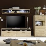 Dreams4Home Wohnkombination massiv 'Adeline IV' Ast-Eiche Bianco 3-teilig, optional mit Beleuchtung, Schrank, TV-Schrank, TV Element, Wohnwand, Wohnelement, Wohnzimmer, Regalwand, Highboard, Vitrine