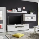 Dreams4Home Wohnwand 'Curo I' - Anbauwand, Schrankwand, Vitrinen, Wandboard, TV-Lowboard, optional mit Beleuchtung, B/H/T: 338 (328) x 172 x 37-42 cm, Wohnzimmer, Fernsehzimmer, Jugendzimmer, modern, Pinie Weiss NB / Applikation Matera grau