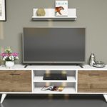 HORUS Wohnwand - Weiß / Nussbaum - TV Lowboard - TV Board - Fernsehtisch mit Wandregal in elegantem Design