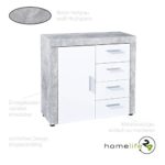 Kommode mit 1 Türen und 4 Schubladen Sideboard Mehrzweckschrank Anrichte Diele Flur Esszimmer Wohnzimmer Beton hellgrau weiß Hochglanz mit Metallauszügen