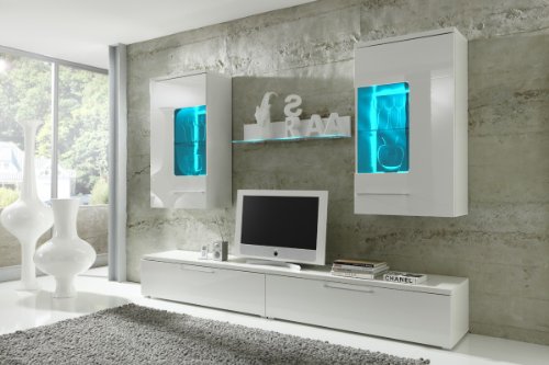 Moderne Wohnwand COLOGNE Anbauwand Weiß in Spitzenqualität, Fronten Hochglanz, optional LED-Beleuchtung, Beleuchtung:mit Beleuchtung