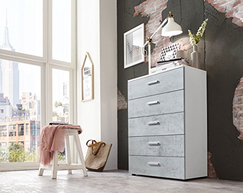 Schubladen Kommode Sideboard MARBELLA in weiß (Oberboden hochglanz) mit Beton Fronten - Höhe 91 Tiefe 32 cm Made in Germany