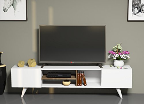 TV Board Lowboard DORE in Weiß / Nussbaum- Fernsehtisch mit 2 Türen in modernem Design