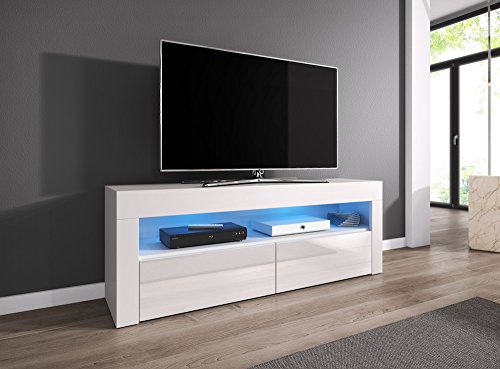 TV-Element TV Schrank TV-Ständer Entertainment Lowboard LUNA 140 cm, Körper weiß matt /Fronten weiß hochglanz mit RGB LED